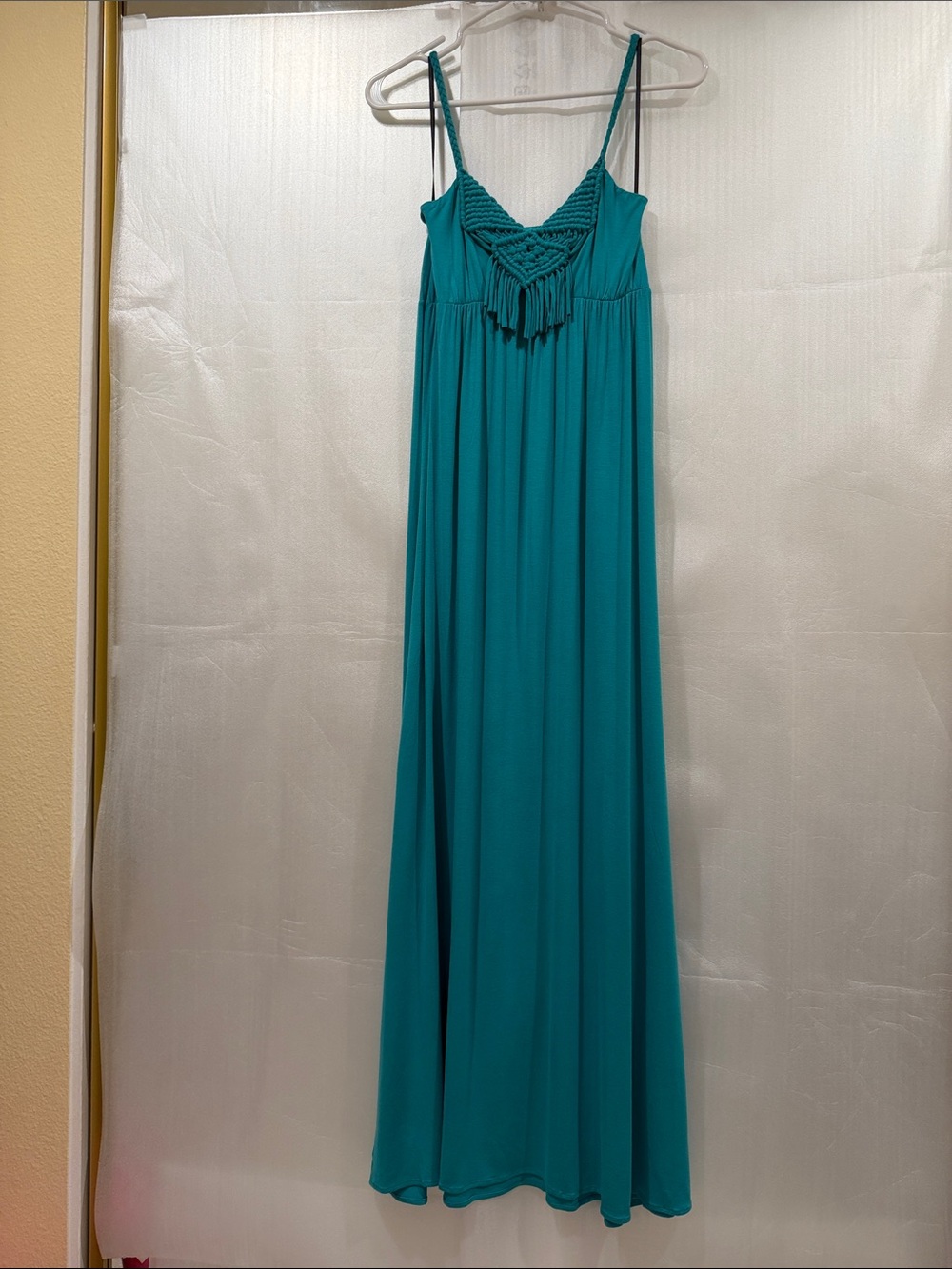 Sweetees Teal Maxi Dress with Braided Fringe V-Neck